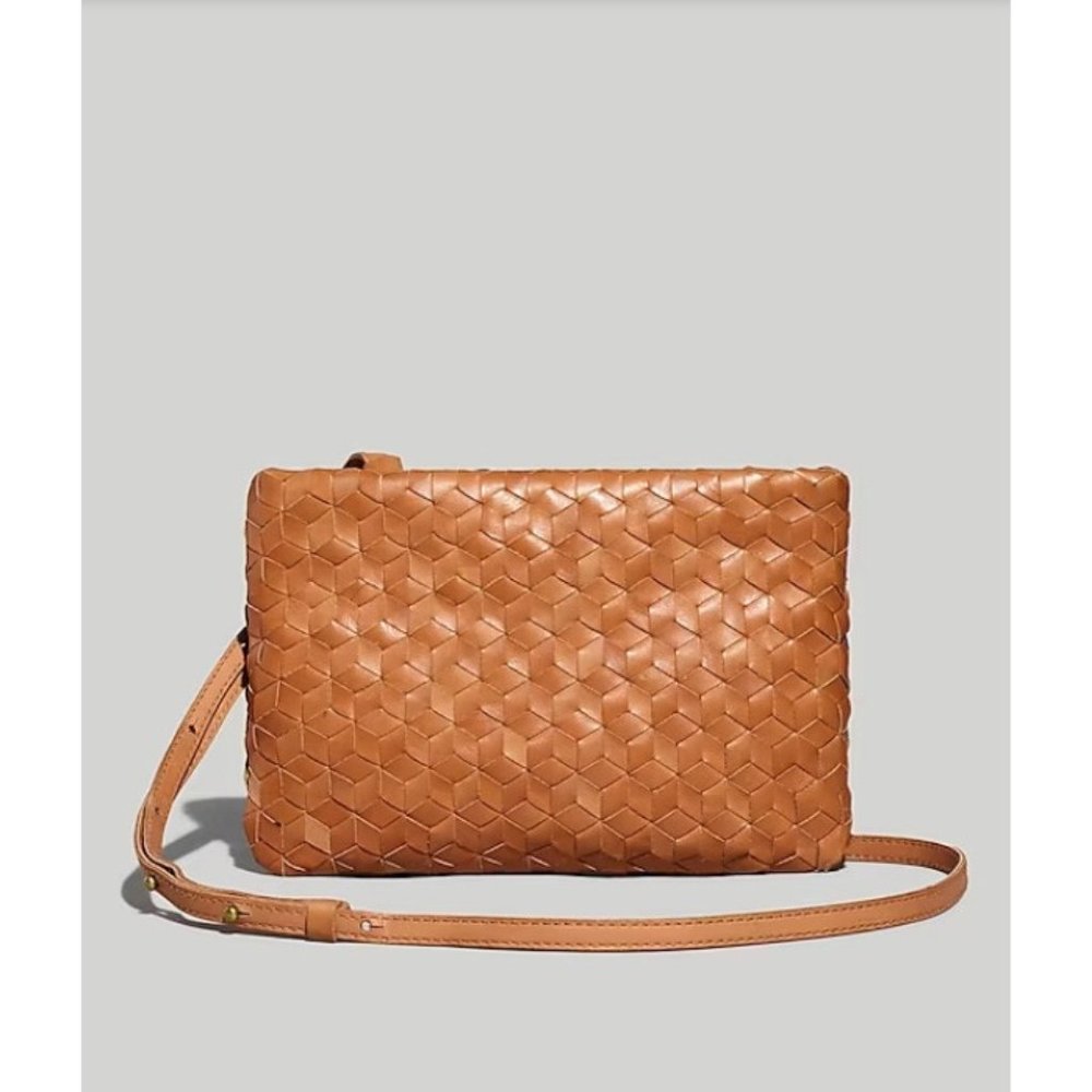 Madewell $128 The Puff Crossbody Bag: Woven Leather Edition Desert Camel NI981